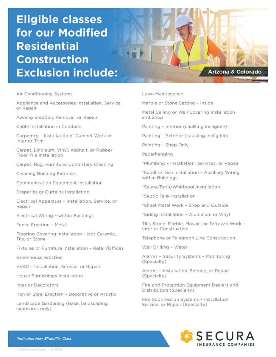 Arizona & Colorado Eligible Classes for Modified Residential Construction Exclusion